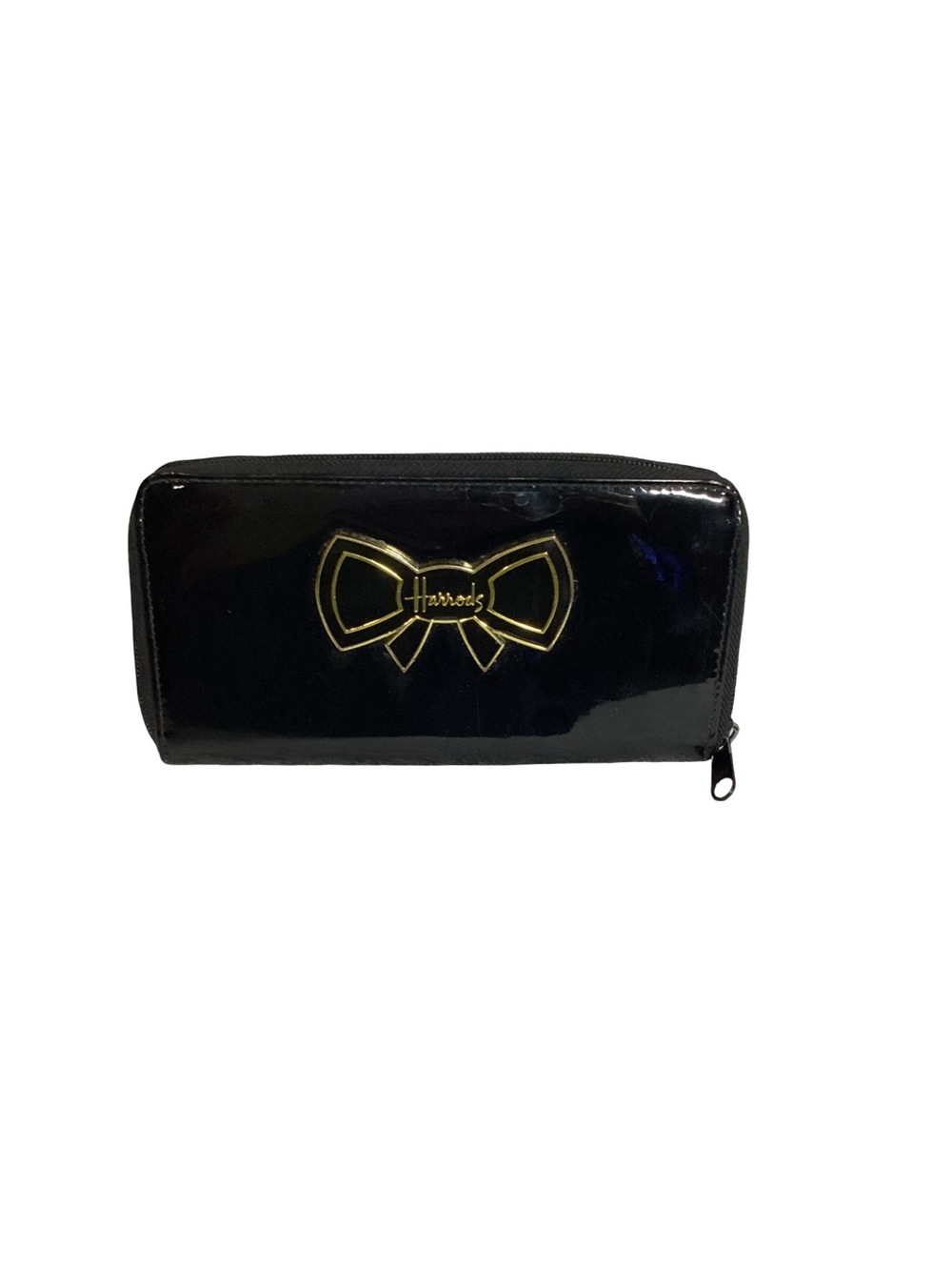 Harrods’ London Black Faux Patent Logo Bow Zip Around Long Wallet EUC
